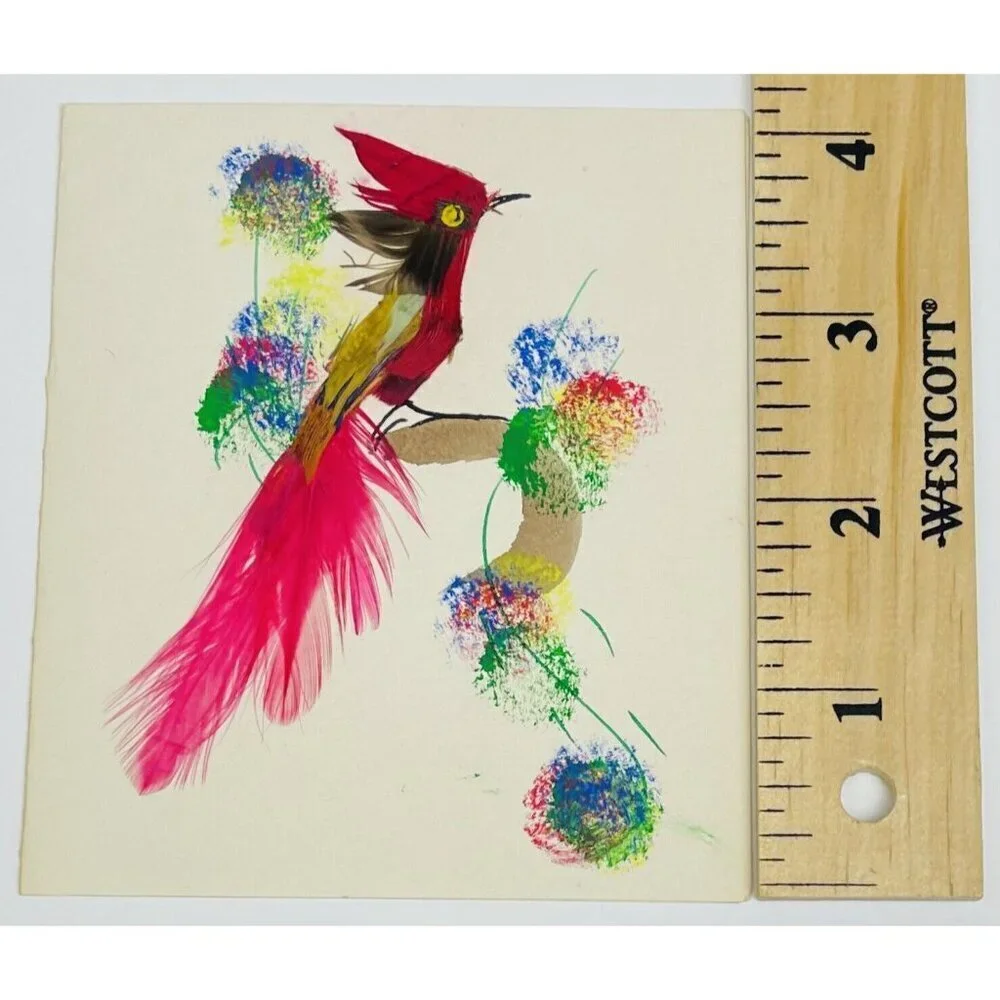 VTG 1950s FOLK ART Notecard & Envelope BIRD w/ Real Feathers HANDMADE in Mexico